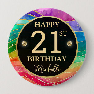 Rainbow Agate Gold Glitter Birthday Badge Button