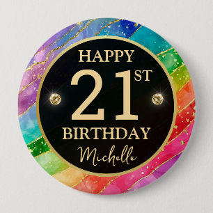 Rainbow Agate Gold Glitter Birthday Badge Button