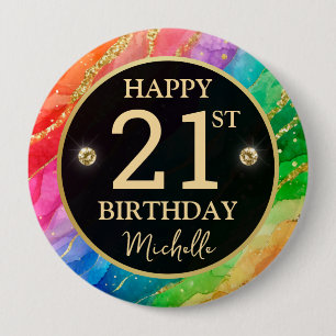 Rainbow Agate Gold Glitter Birthday Badge Button