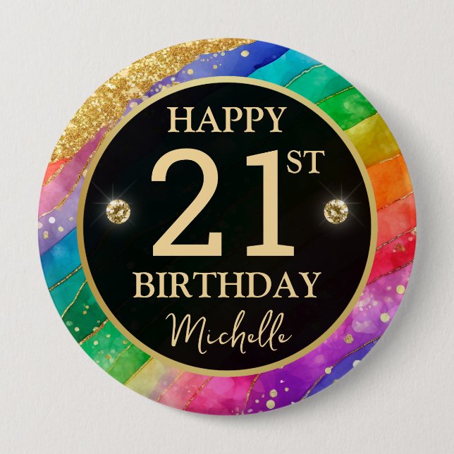 Rainbow Agate Gold Glitter Birthday Badge Button (Front)