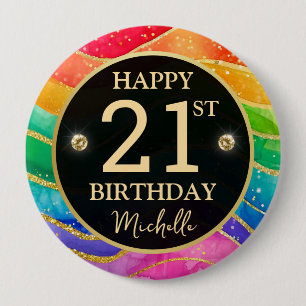 Rainbow Agate Gold Glitter Birthday Badge Button