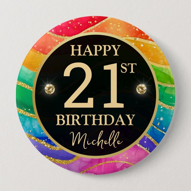 Rainbow Agate Gold Glitter Birthday Badge Button (Front)