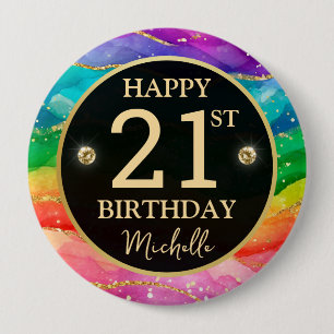 Rainbow Agate Gold Glitter Birthday Badge Button