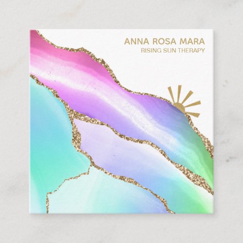  Rainbow Agate Gold Glitter Veins Pastel White Square Business Card