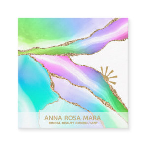 *~* Rainbow Agate Pastel Gold Glitter Veins White Square Business Card