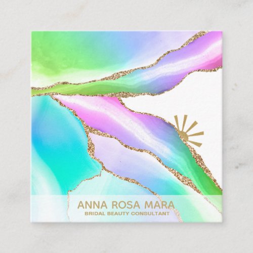  Rainbow Agate Pastel Gold Glitter Veins White Square Business Card
