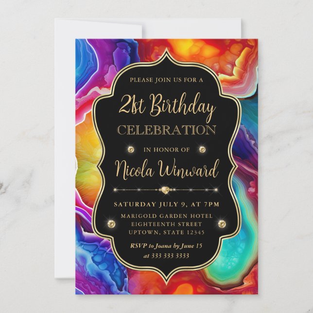 Rainbow Agate Swirl Elegant Black Birthday Invitation (Front)