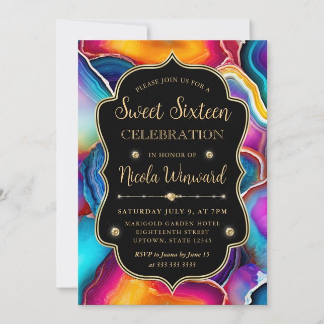 Rainbow Agate Swirl Elegant Black Sweet 16 Invitation (Front)