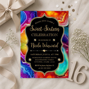 Rainbow Agate Swirl Elegant Black Sweet 16 Invitation