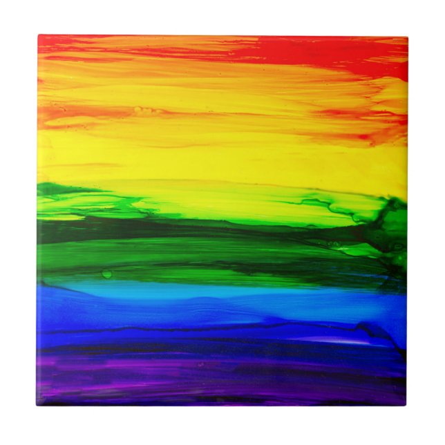 Rainbow Alcohol Ink Abstract Ceramic Tile (Front)