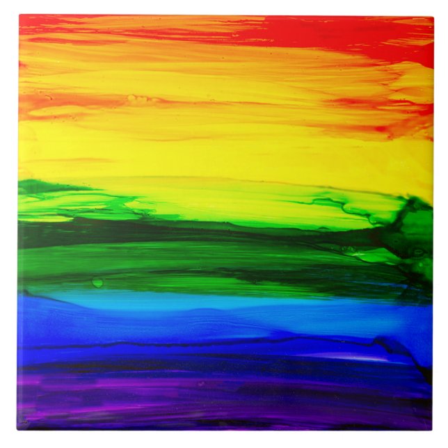 Rainbow Alcohol Ink Abstract Ceramic Tile (Front)