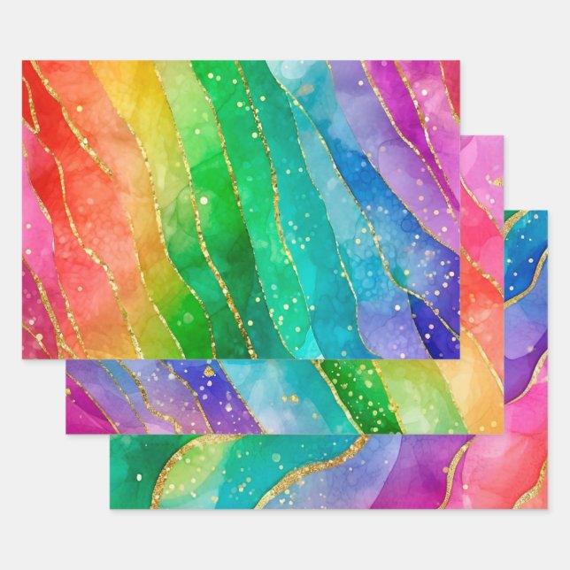 Rainbow Alcohol Ink Gold Glitter Abstract Design Wrapping Paper Sheets (Set)