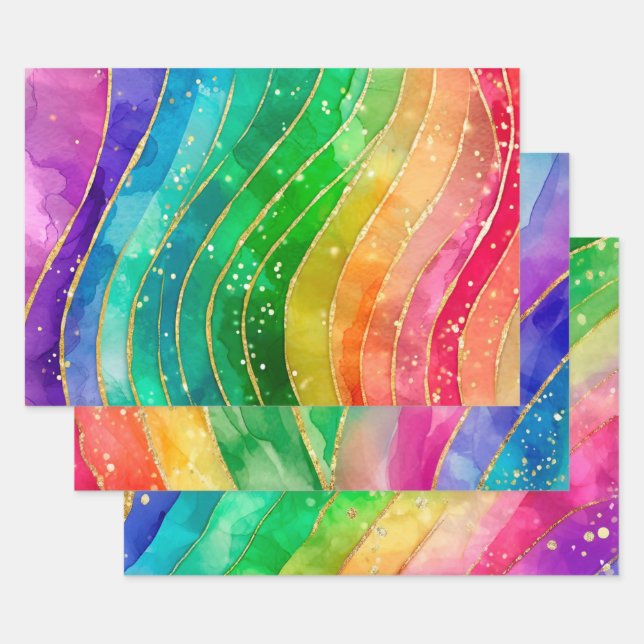 Rainbow Alcohol Ink Gold Glitter Abstract Design Wrapping Paper Sheets (Set)