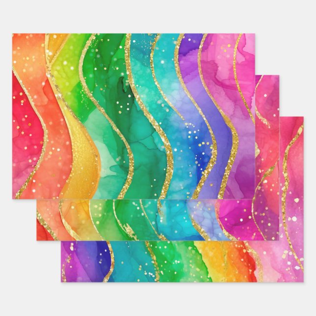 Rainbow Alcohol Ink Gold Glitter Abstract Design Wrapping Paper Sheets (Set)