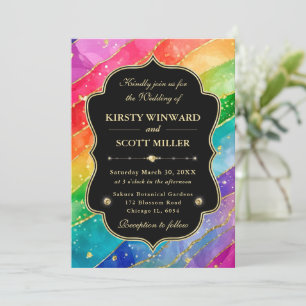 Rainbow Alcohol Ink Gold Glitter Wedding Invitation