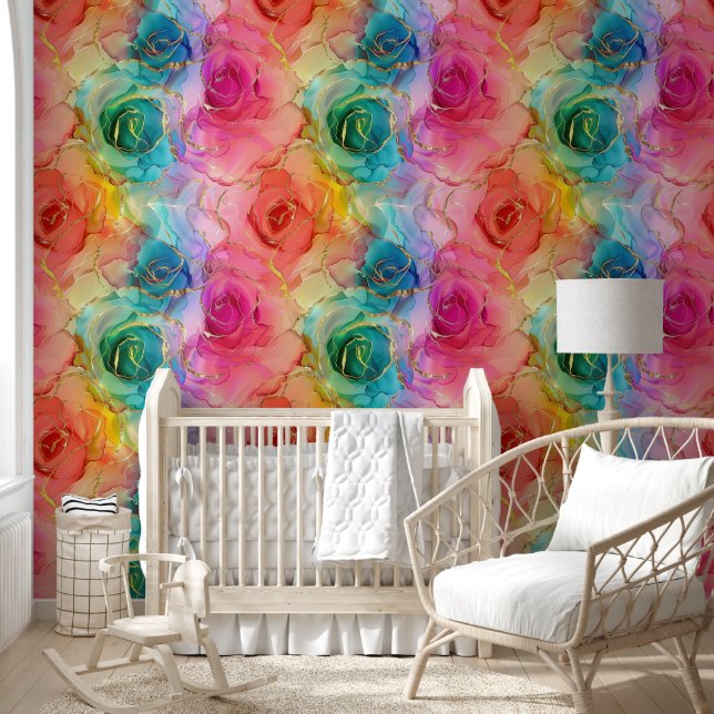 Rainbow alcohol ink roses with gold accents wallpaper  (Kids)