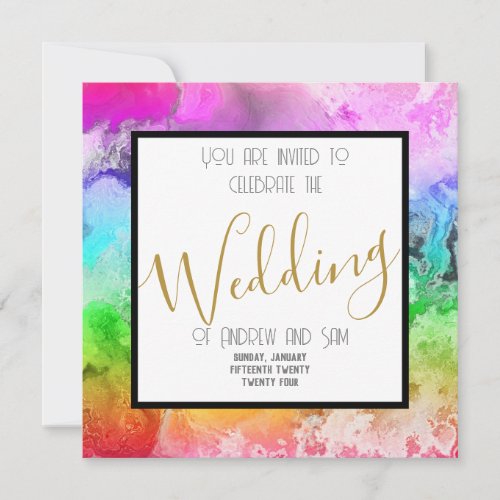 Rainbow Alcohol Ink Watercolor  Gold Font Invitation
