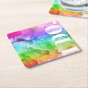 Rainbow Alcohol Ink Watercolor  Square Paper Coaster