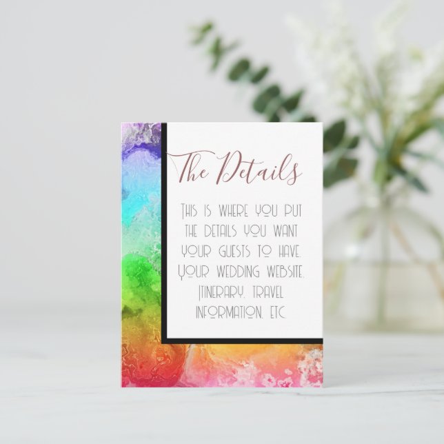 Rainbow Alcohol Ink Watercolor Wedding Details Postcard (Standing Front)