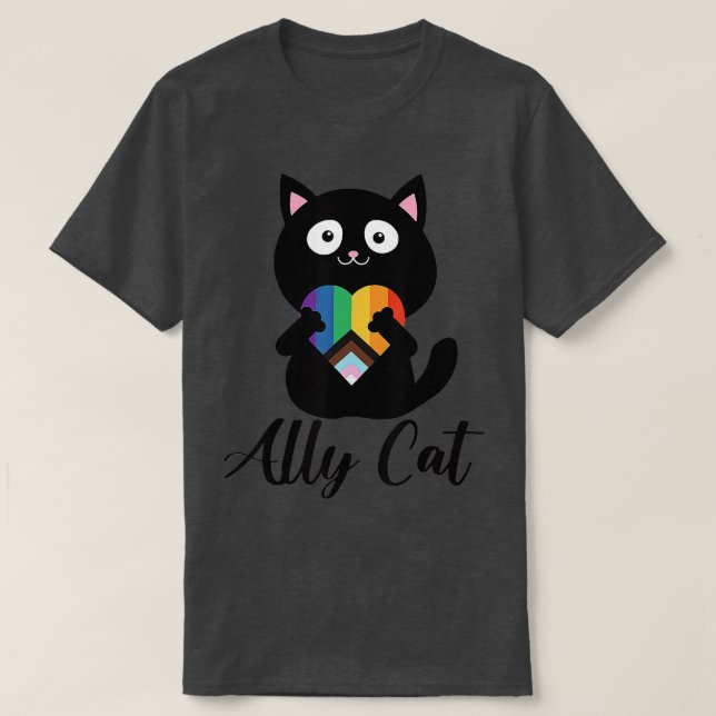 Rainbow Ally Cat LGBT Gay Pride Flag Heart  T-Shirt (Design Front)