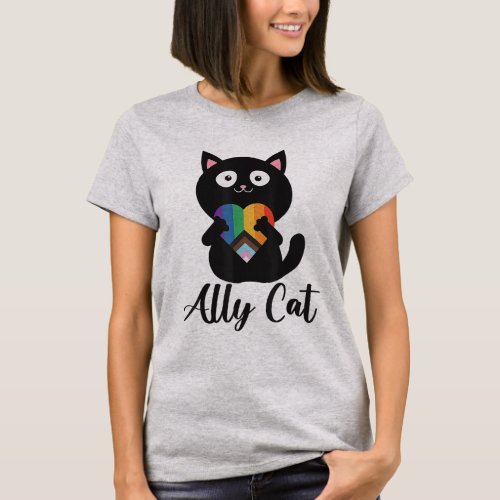 Rainbow Ally Cat LGBT Gay Pride Flag Heart T_Shirt