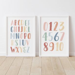 Rainbow Alphabet and Numbers Educational Classroom Wall Art Sets