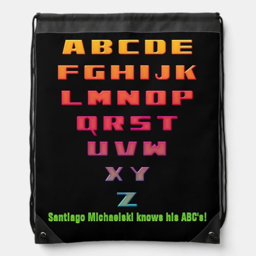 Rainbow Alphabet on Black Personalized Drawstring Bag