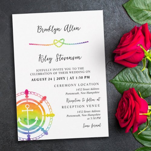 Rainbow Anchor Rope Heart Nautical LGBT Wedding Invitation