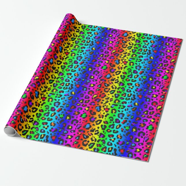 Rainbow and Black Leopard Print Pattern Wrapping Paper (Unrolled)