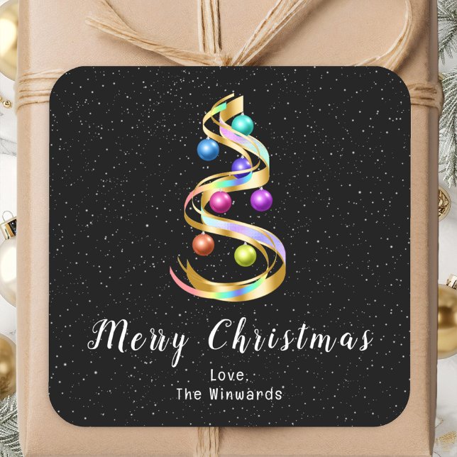 Rainbow and Black Ornaments Merry Christmas Square Sticker (Creator Uploaded)