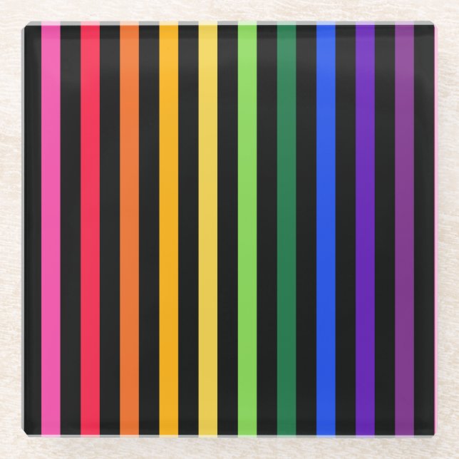 Rainbow and black stripes glass coaster (Front)