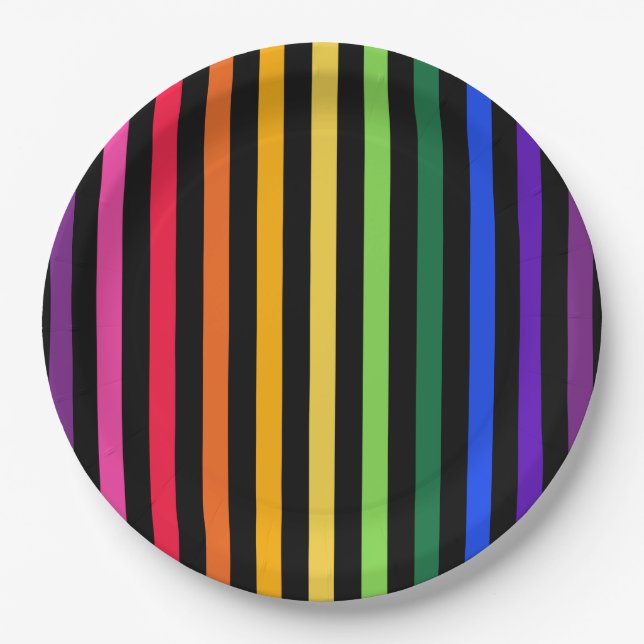 Rainbow and black stripes paper plates (Front)