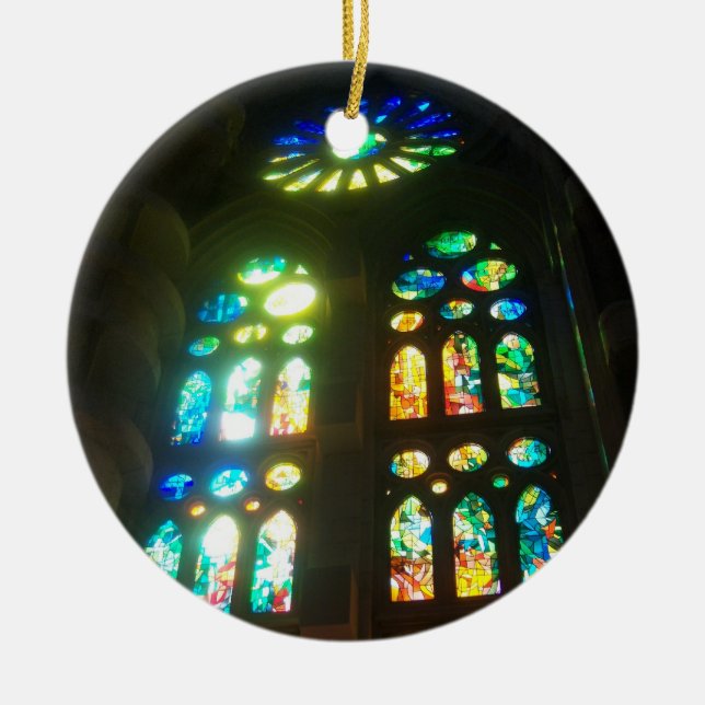 Rainbow and Blue Stained Glass Ceramic Ornament (Front)