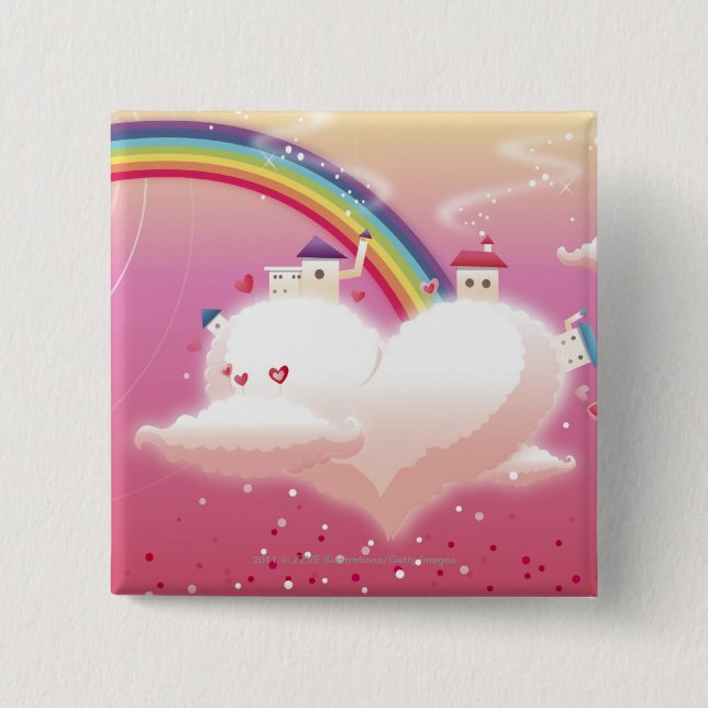 Rainbow and buildings on clouds button (Front)