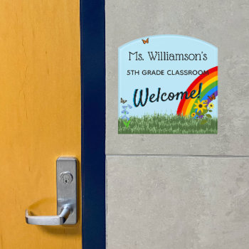Rainbow And Butterflies Personalized Teacher Door Sign by NightOwlsMenagerie at Zazzle