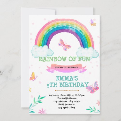Rainbow and butterfly party  invitation