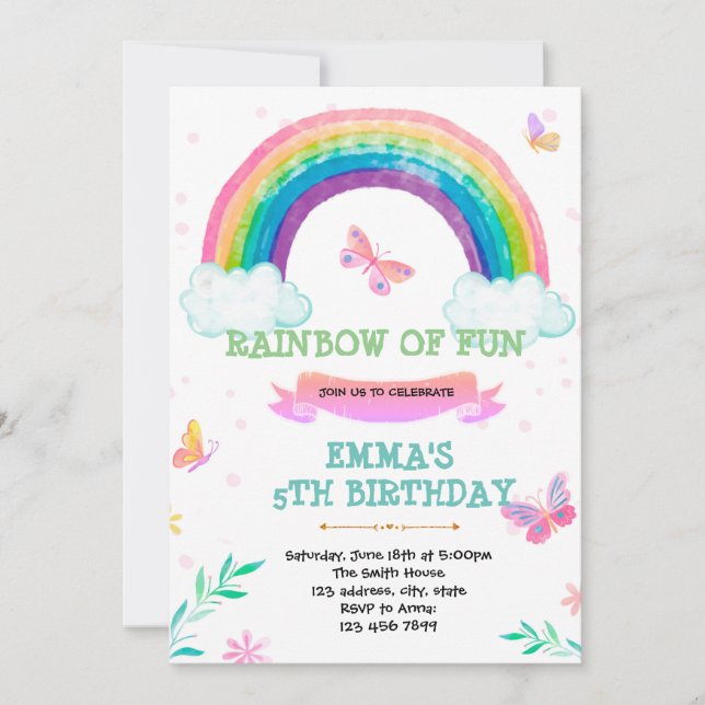 Rainbow and butterfly party  invitation (Front)