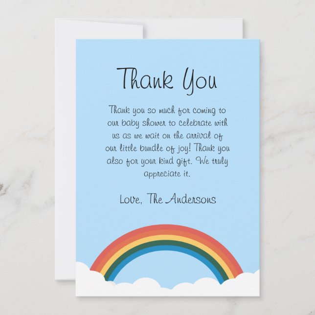 Rainbow And Cloud Baby Shower Thank You Card (Front)