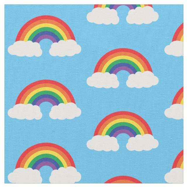Rainbow and Cloud on Blue Cute Kids Fabric (Close Up)