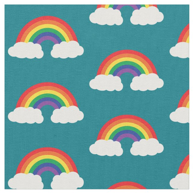 Rainbow and Cloud on Teal Cute Kids Fabric (Close Up)
