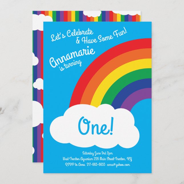 Rainbow and Clouds 1st Birthday Cute Invitations (Front/Back)