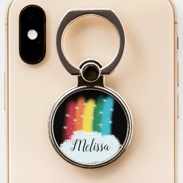 Rainbow and Clouds Airbrush Style Phone Ring Stand (Close Up)