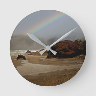Rainbow and Clouds at Myers Beach in Oregon Round Clock