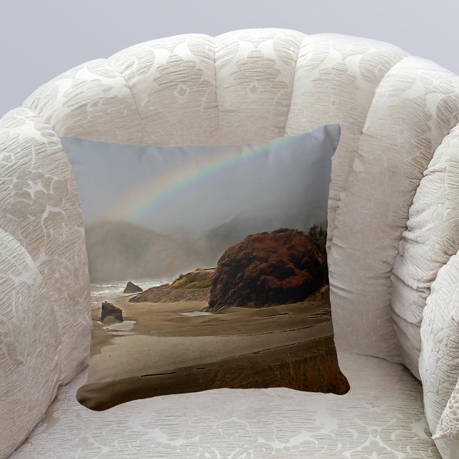 Rainbow and Clouds at Myers Beach in Oregon Throw Pillow (Creator Uploaded)