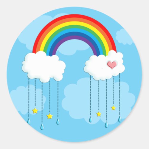 Rainbow and clouds raining stars classic round sticker