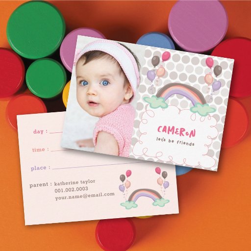 Customizable Rainbows &amp; Balloon Kids Custom Photo Playdate Card Business Cards