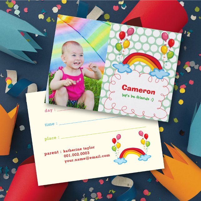 Rainbow And Colorful Balloons Kids Photo Playdate Calling Card (Creator Uploaded)