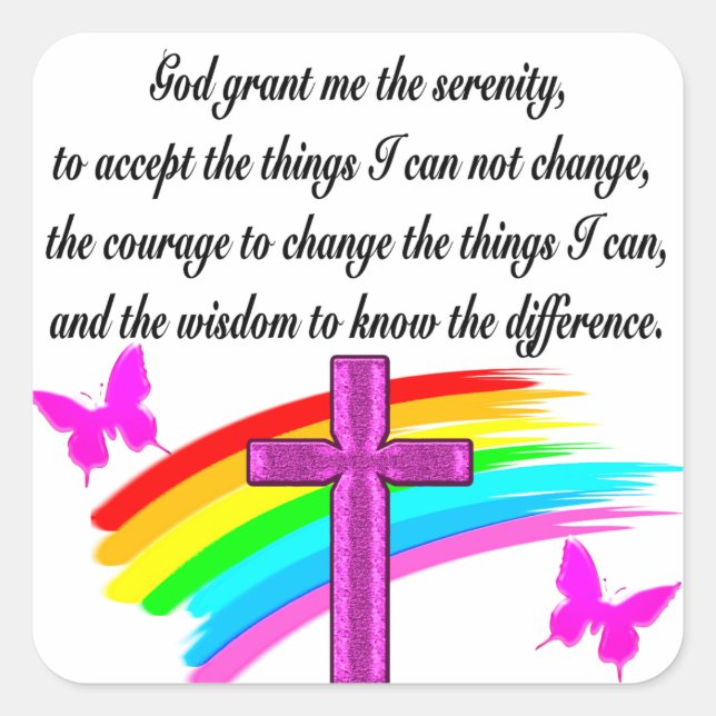 RAINBOW AND CROSS SERENITY PRAYER DESIGN SQUARE STICKER (Front)