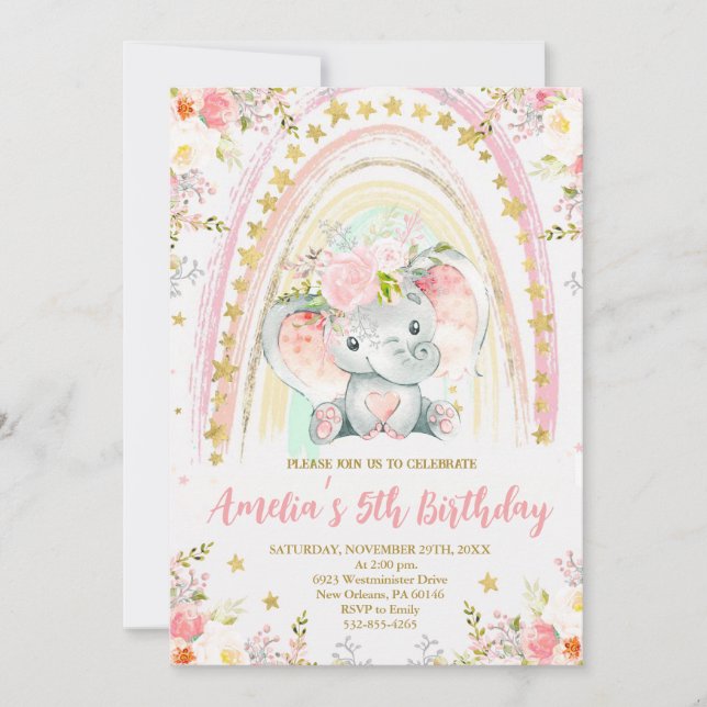 Rainbow and Elephant Birthday Party Invitation (Front)