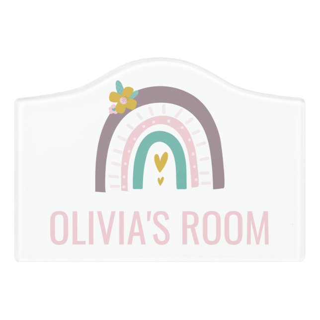 Rainbow and flower Girls Room Sign pink purple (Small Crest Front)